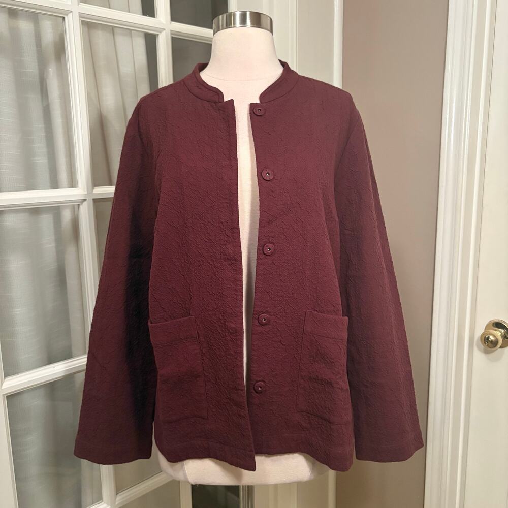 Eileen Fisher Organic Cotton Textured Jacket Burgundy Wine‎ Small With Pockets
